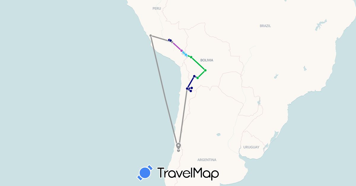 TravelMap itinerary: driving, bus, plane, train, boat in Bolivia, Chile, Peru (South America)